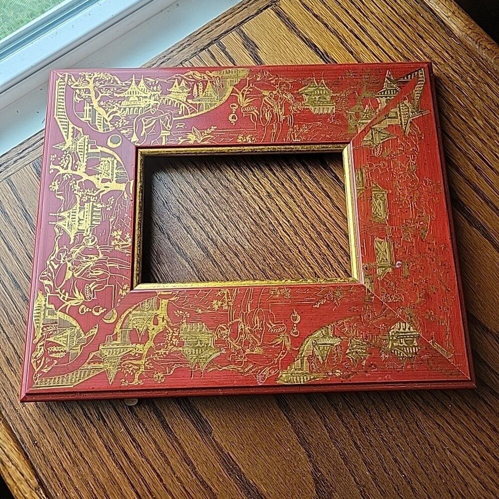 Vtg Chinoiserie Red Lacquer Wood Designer Picture Frame Gold Embossing No Glass